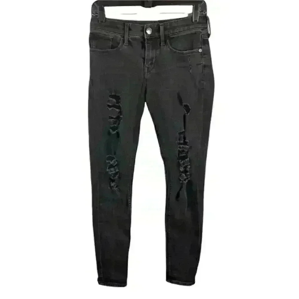 EUC Express Jeans Leggings Distressed Black Skinny Stretch Midrise Women’s‎ SZ 0